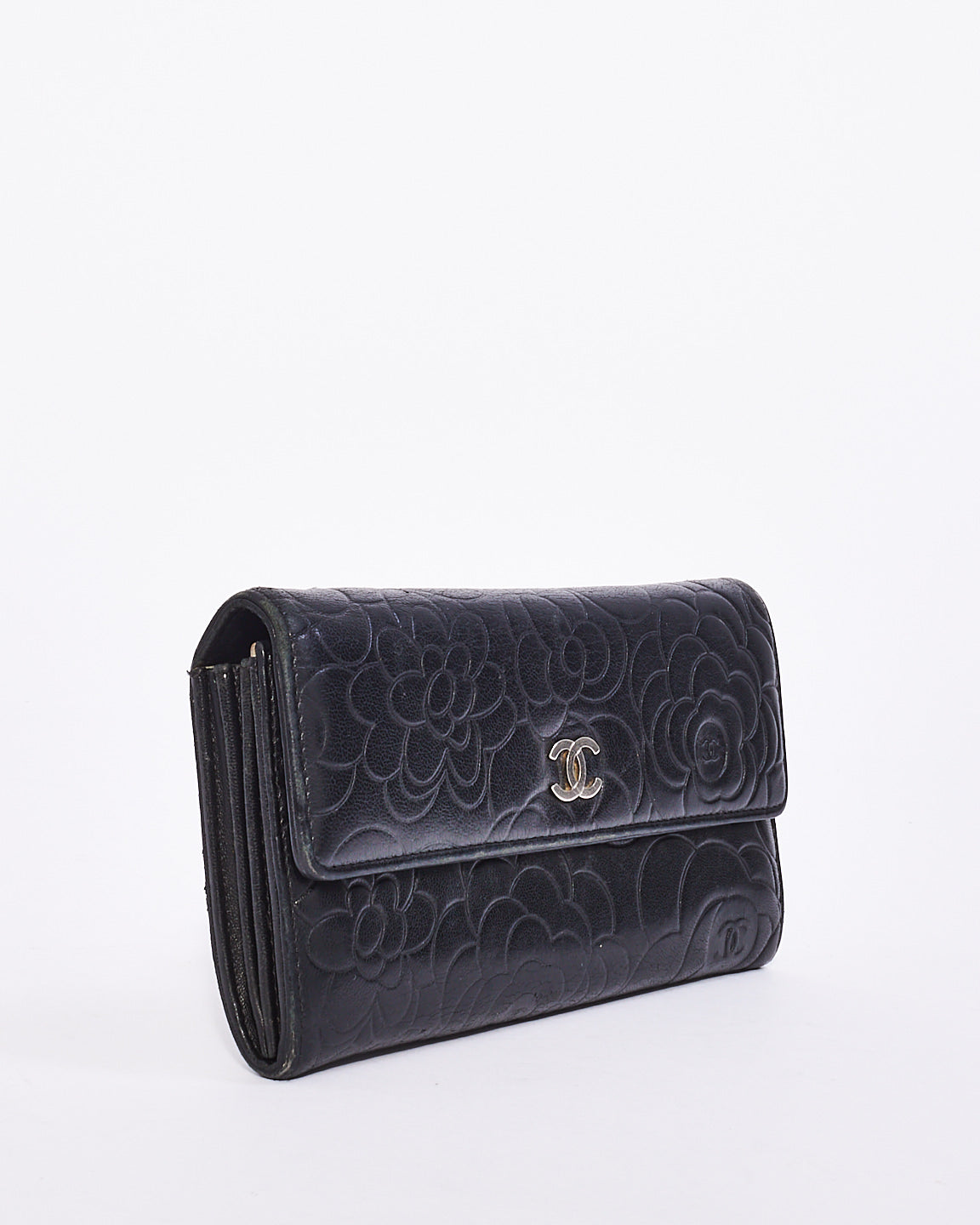 Chanel Black Lambskin Leather Camellia Flower Long Wallet