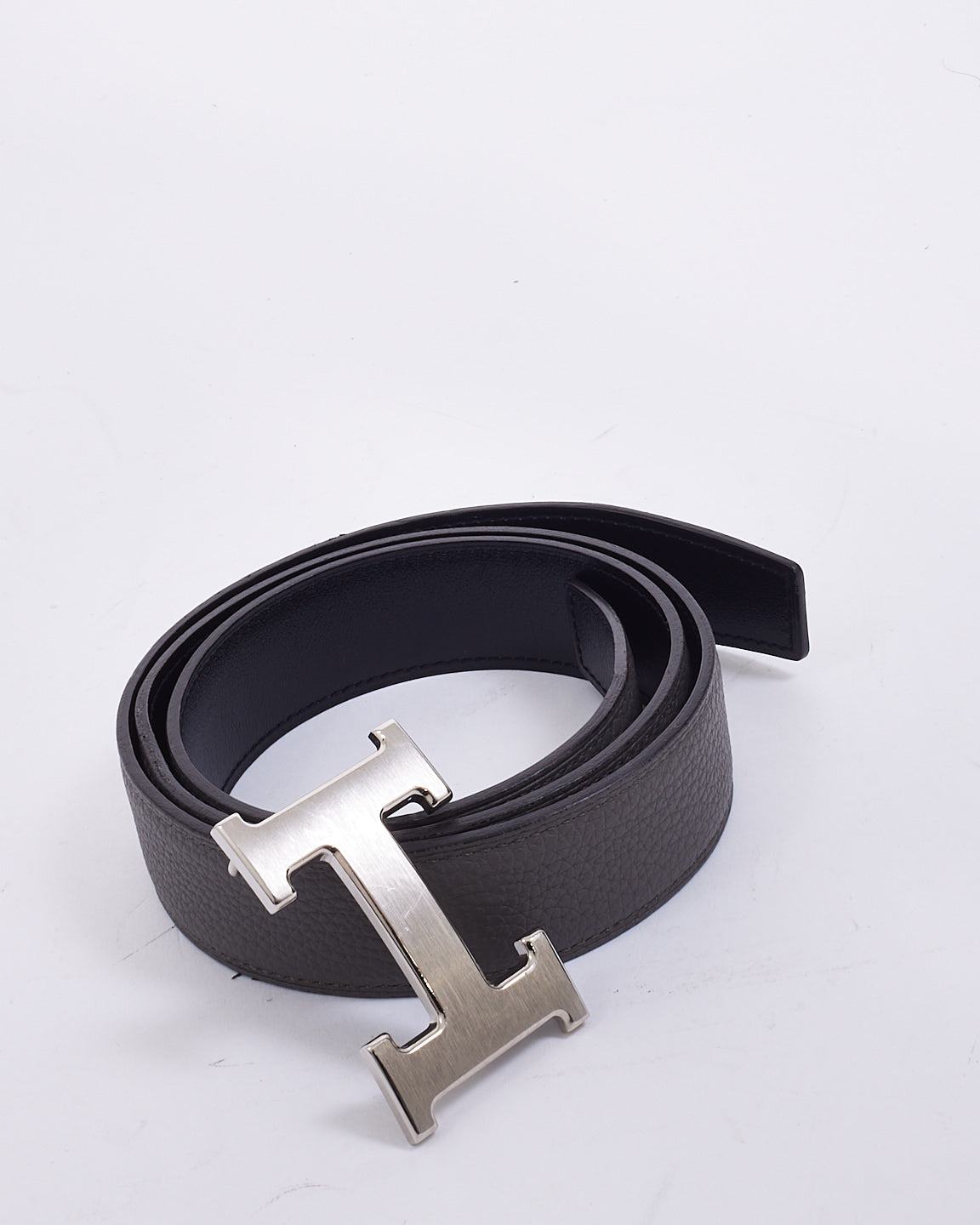 Ceinture H Hermès en cuir gris et noir avec boucle argentée brossée - 80