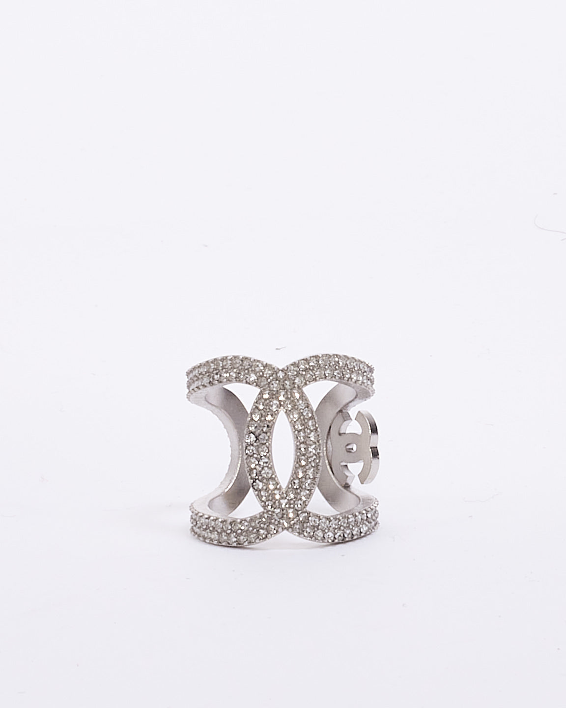 Chanel Silver Crystal Interlocking CC Ring