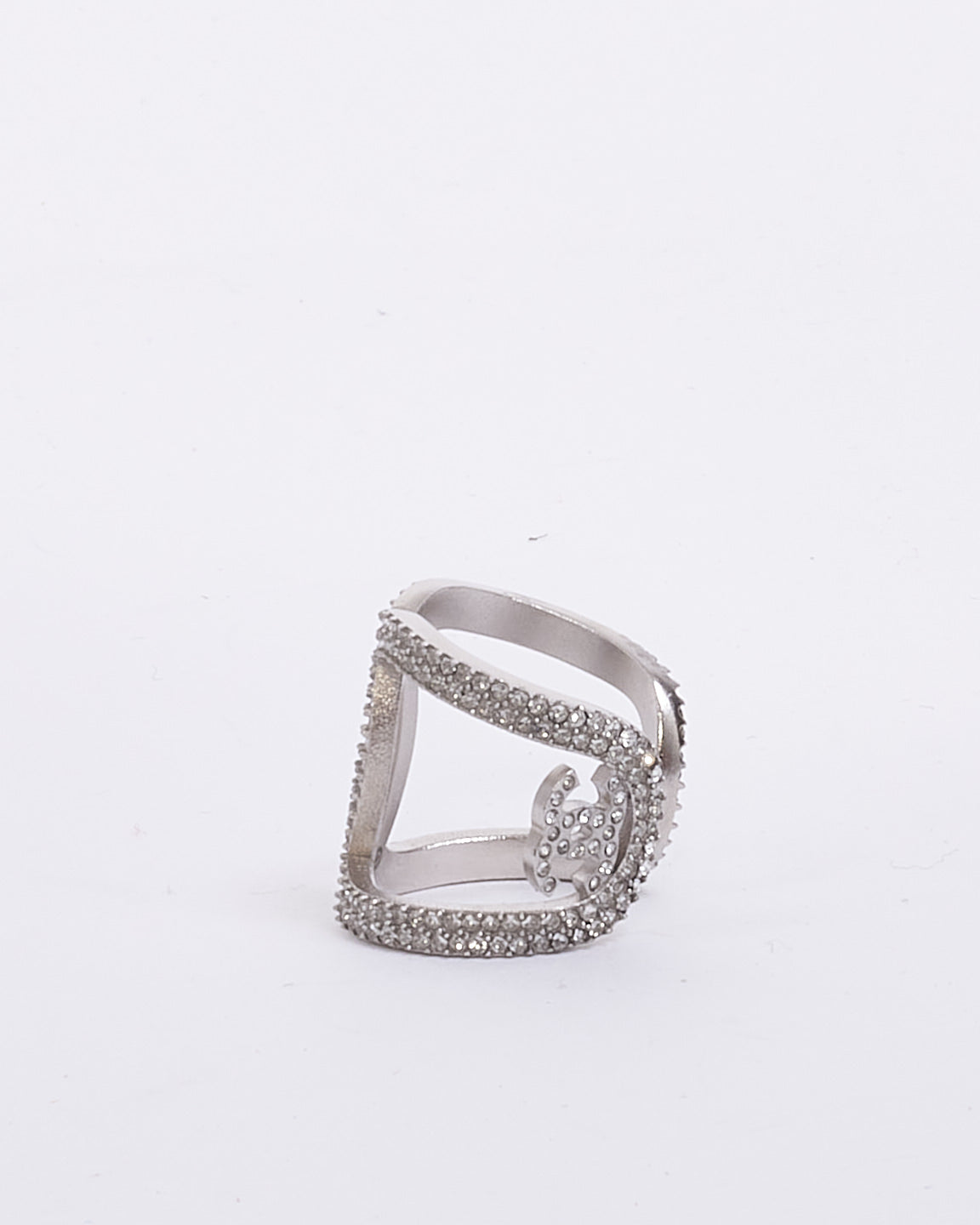 Chanel Silver Crystal Interlocking CC Ring