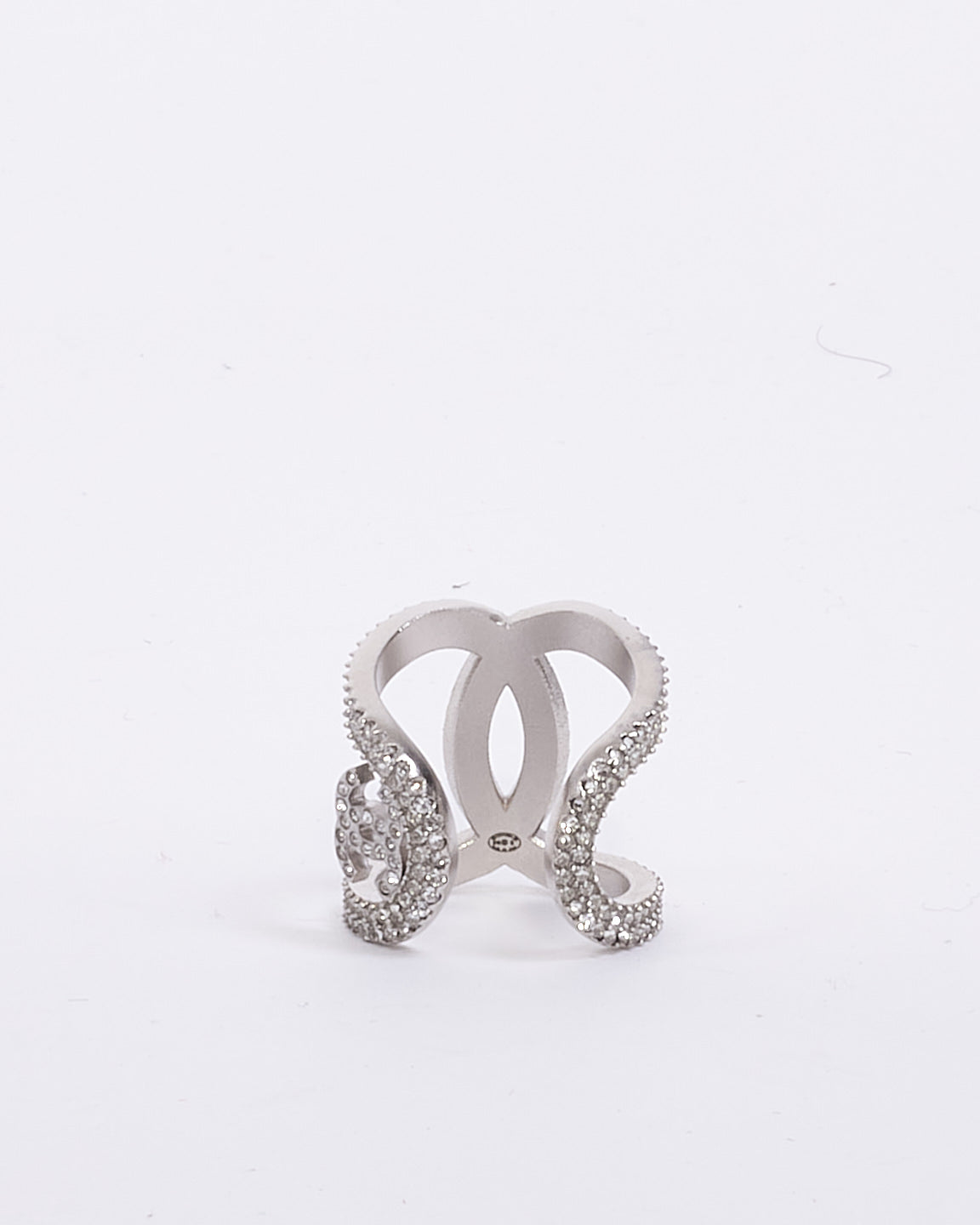 Chanel Silver Crystal Interlocking CC Ring