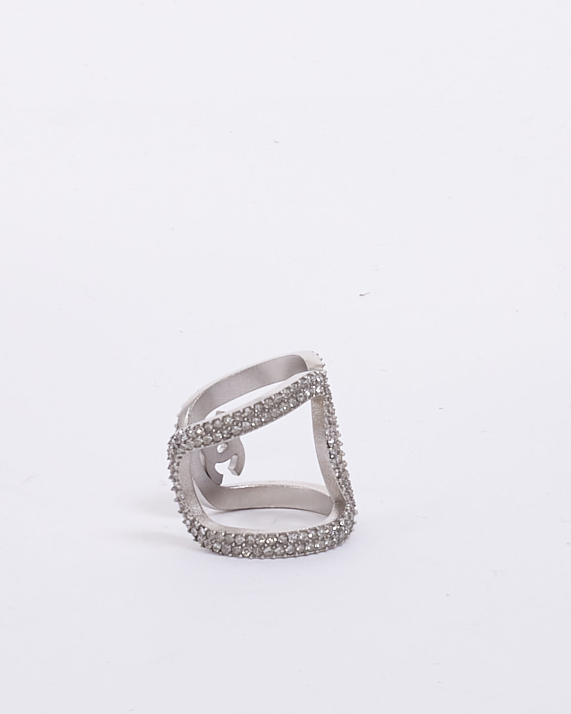 Chanel Silver Crystal Interlocking CC Ring