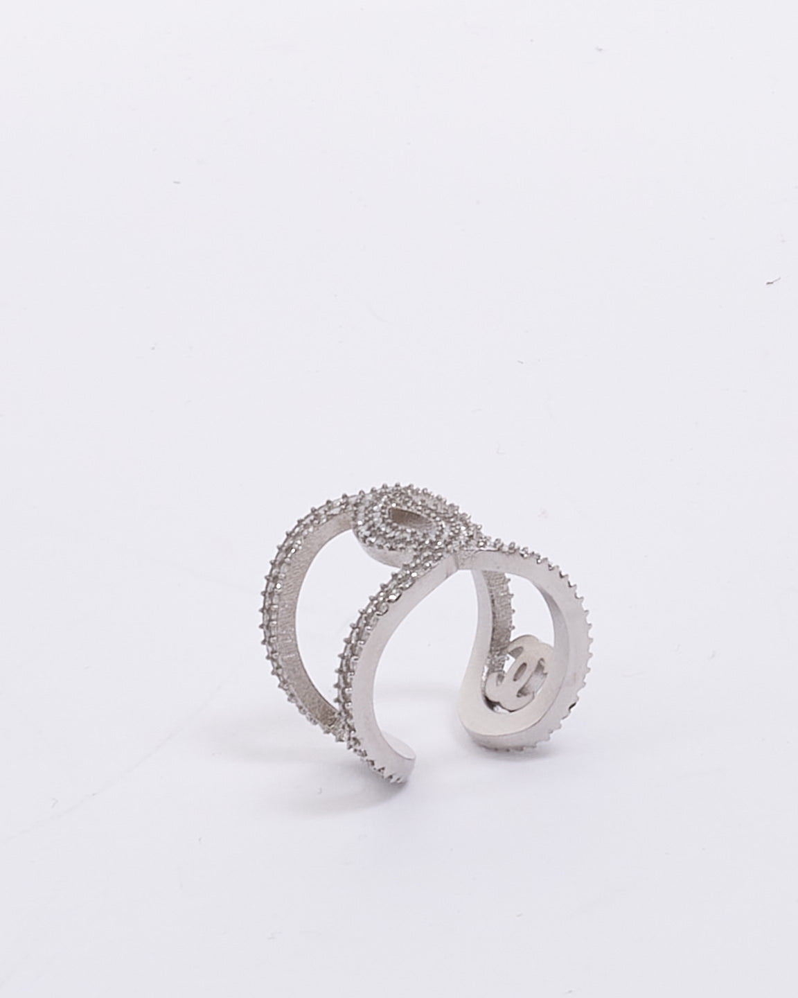 Chanel Silver Crystal Interlocking CC Ring