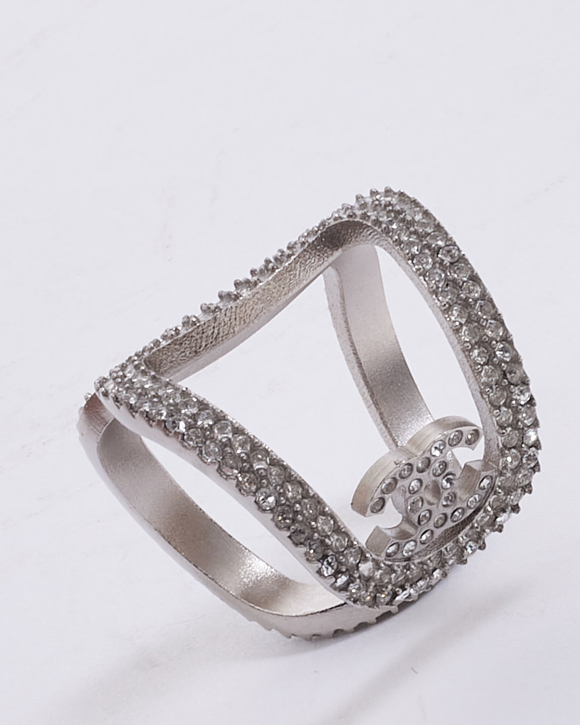 Chanel Silver Crystal Interlocking CC Ring