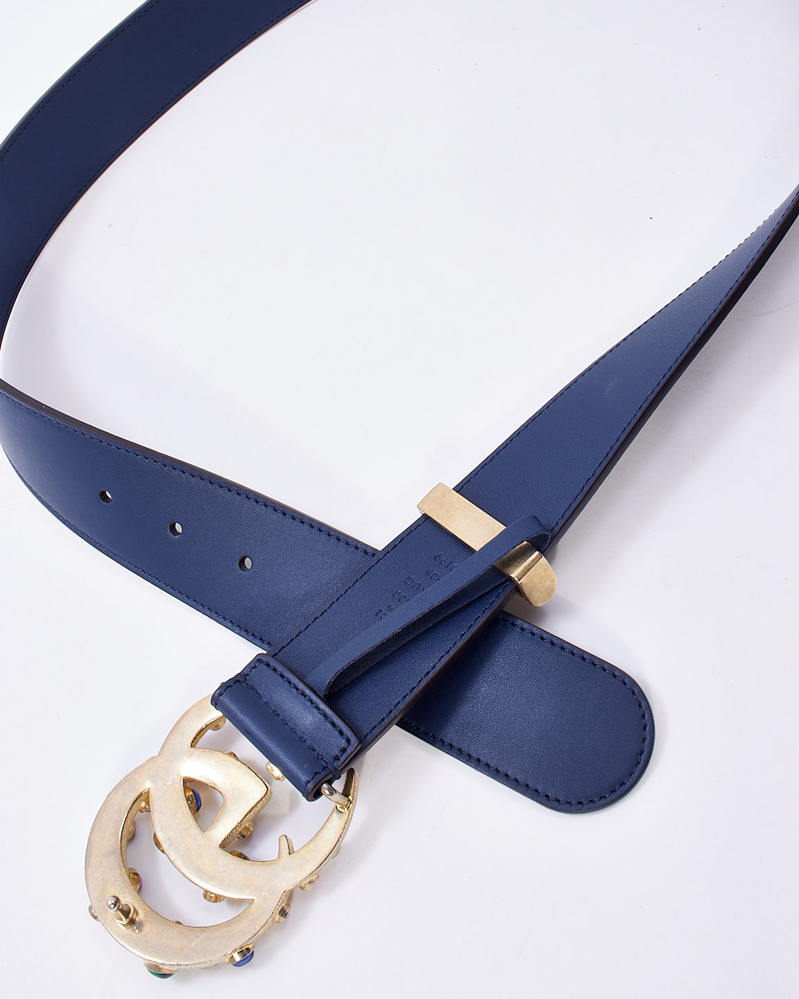 Gucci Navy Leather Multicolour Gemstone Embellished GG Marmont Belt - 95/38