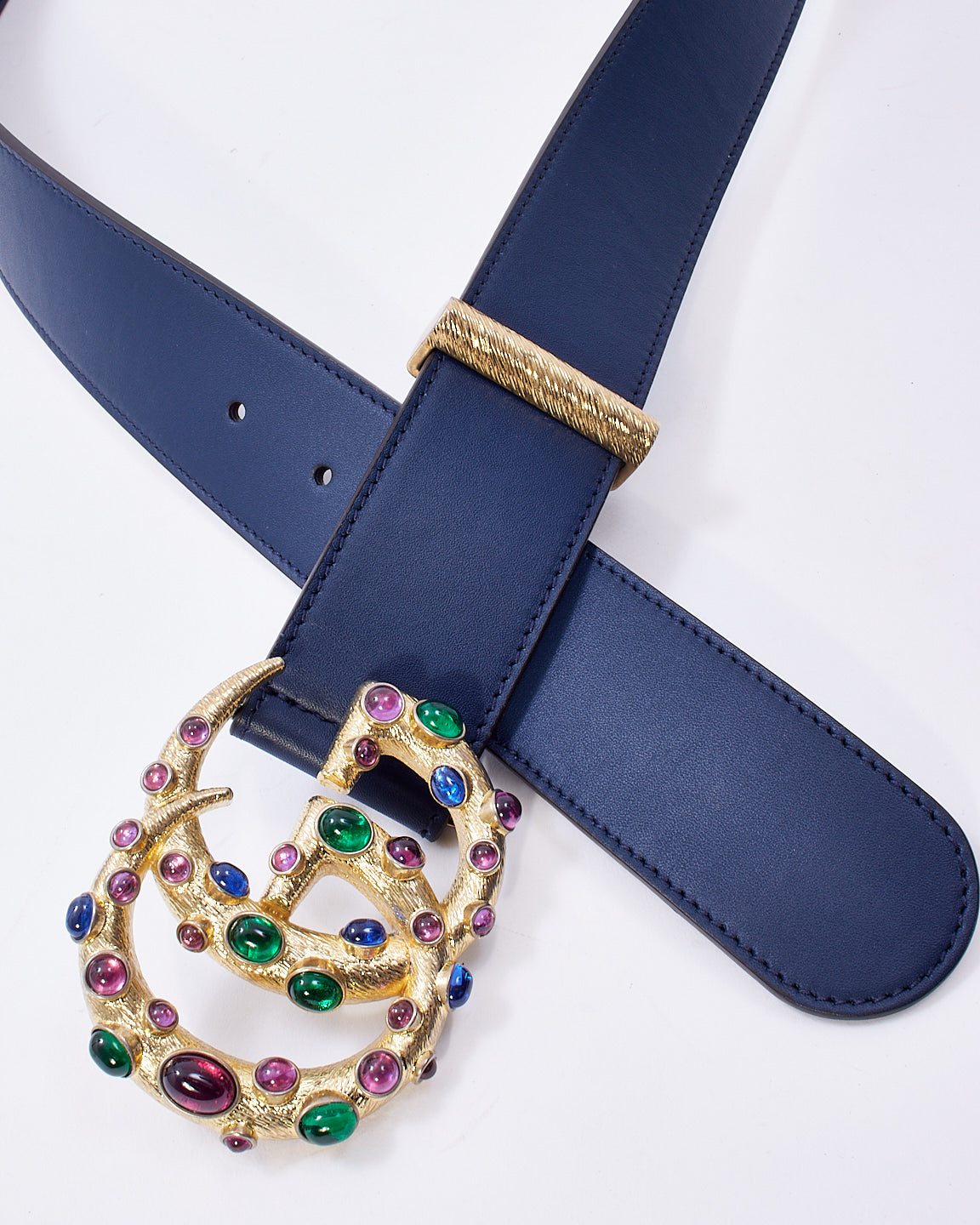 Gucci Navy Leather Multicolour Gemstone Embellished GG Marmont Belt - 95/38