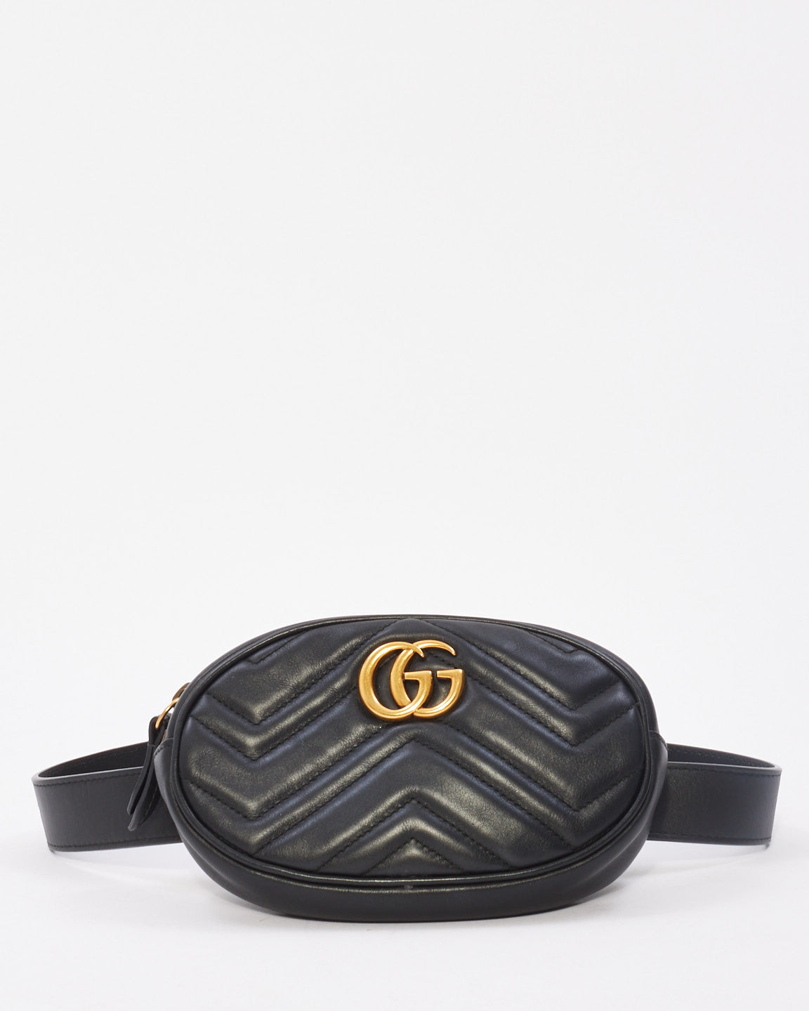 Gucci Black Chevron Matelassé Leather GG Marmont Belt Bag - 75/30