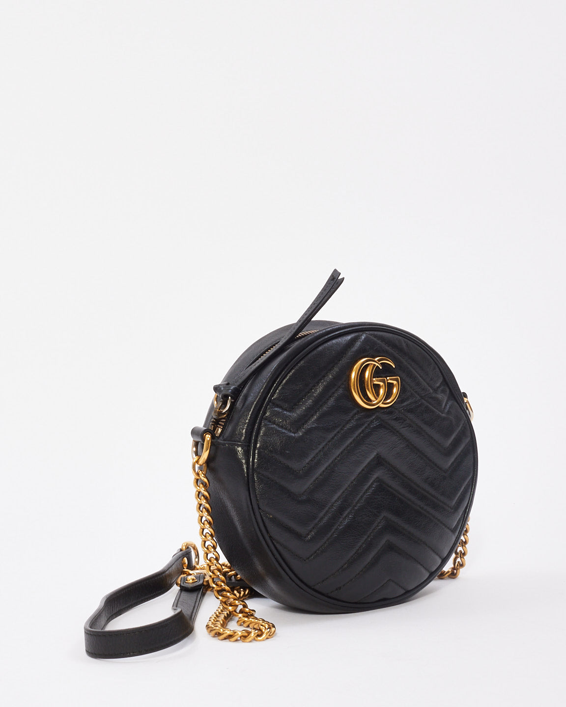 Gucci Black Matelassé Leather Mini GG Marmont Round Shoulder Bag