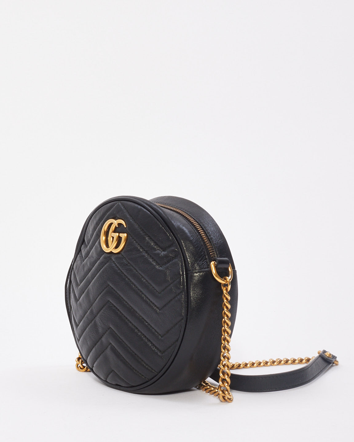 Gucci Black Matelassé Leather Mini GG Marmont Round Shoulder Bag