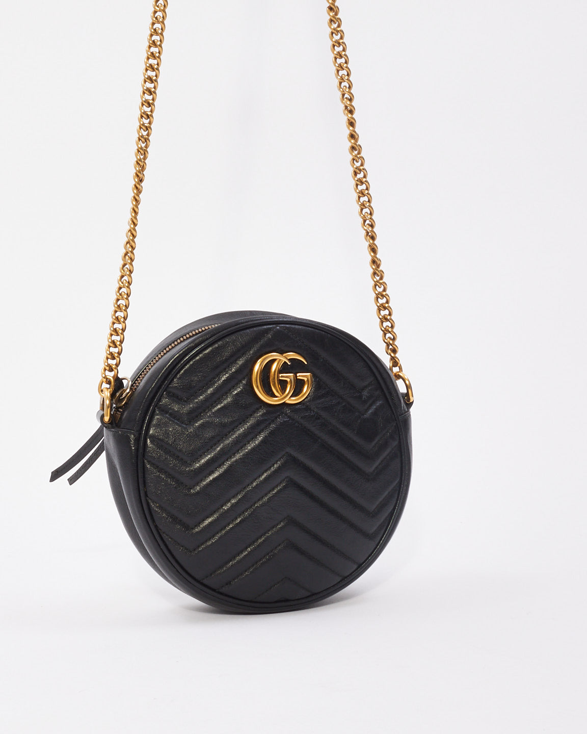 Gucci Black Matelassé Leather Mini GG Marmont Round Shoulder Bag