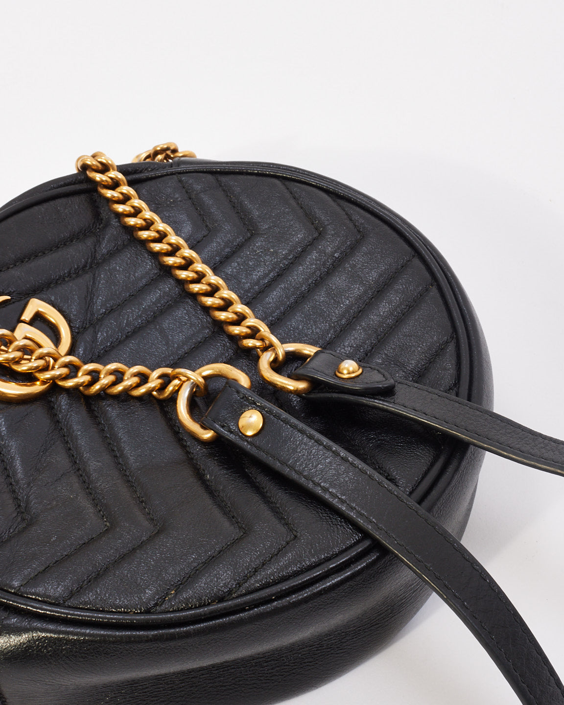 Gucci Black Matelassé Leather Mini GG Marmont Round Shoulder Bag