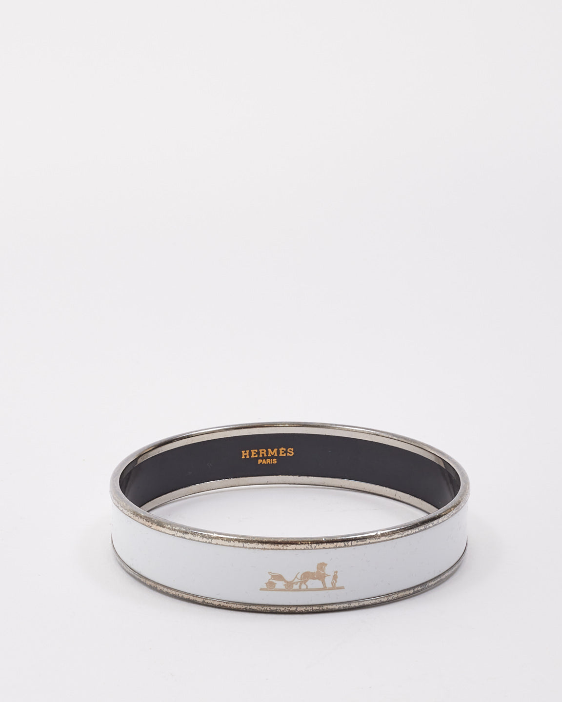 Hermès White & Silver Enamel Caleche Bangle Bracelet - 65(M)