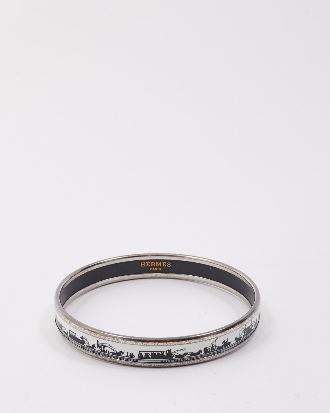 Hermès White & Black Silver Enamel Horse & Carriage Narrow Bangle Bracelet- 65 (M)