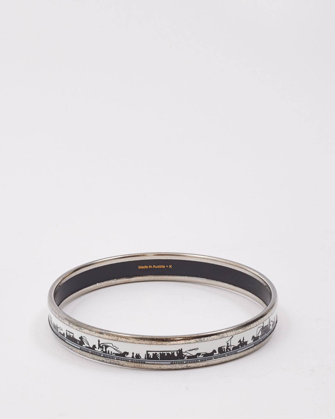 Hermès White & Black Silver Enamel Horse & Carriage Narrow Bangle Bracelet- 65 (M)