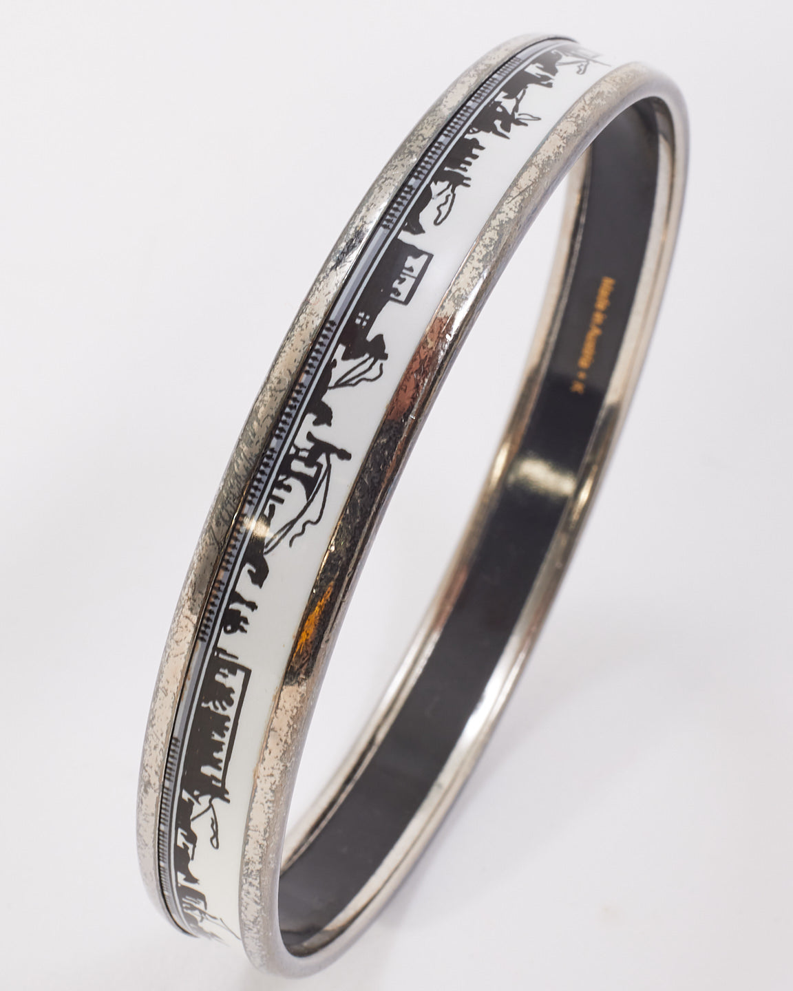 Hermès White & Black Silver Enamel Horse & Carriage Narrow Bangle Bracelet- 65 (M)