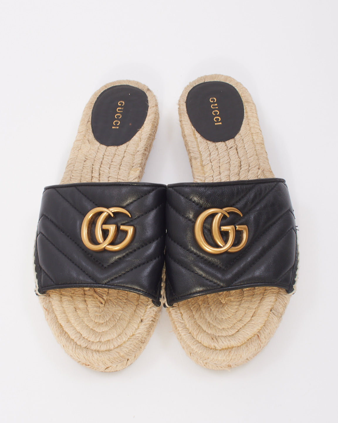 Gucci Black Leather Nappa Matelassé GG Marmont Espadrille Slide Sandals - 38.5