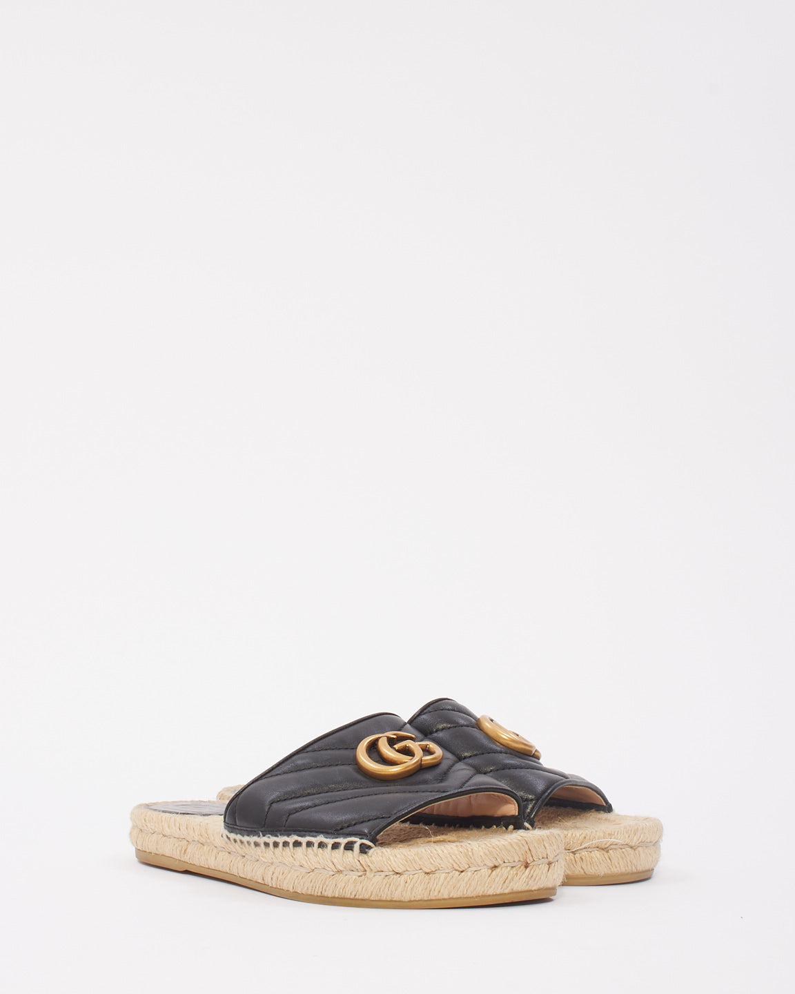 Gucci Black Leather Nappa Matelassé GG Marmont Espadrille Slide Sandals - 38.5