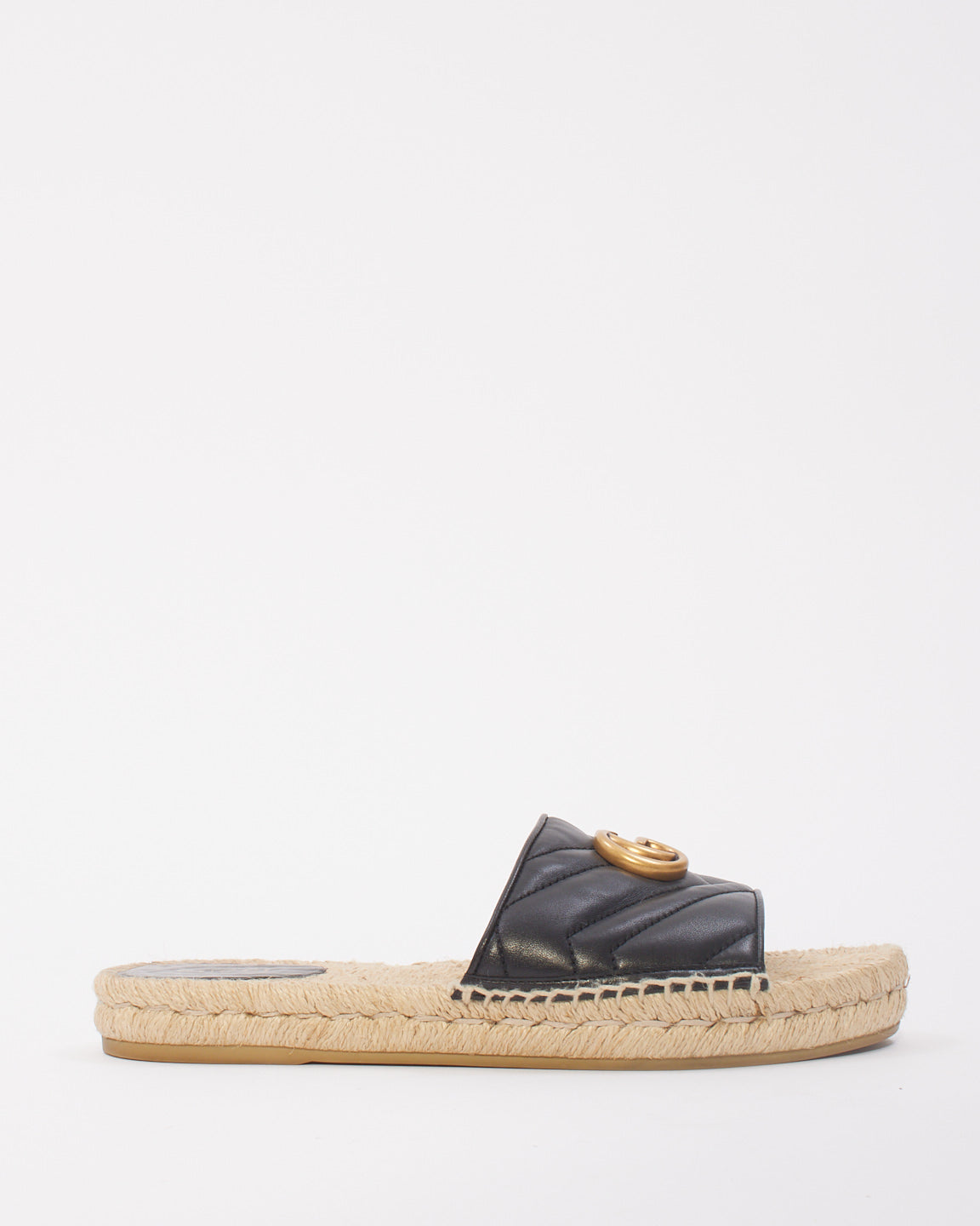 Gucci Black Leather Nappa Matelassé GG Marmont Espadrille Slide Sandals - 38.5