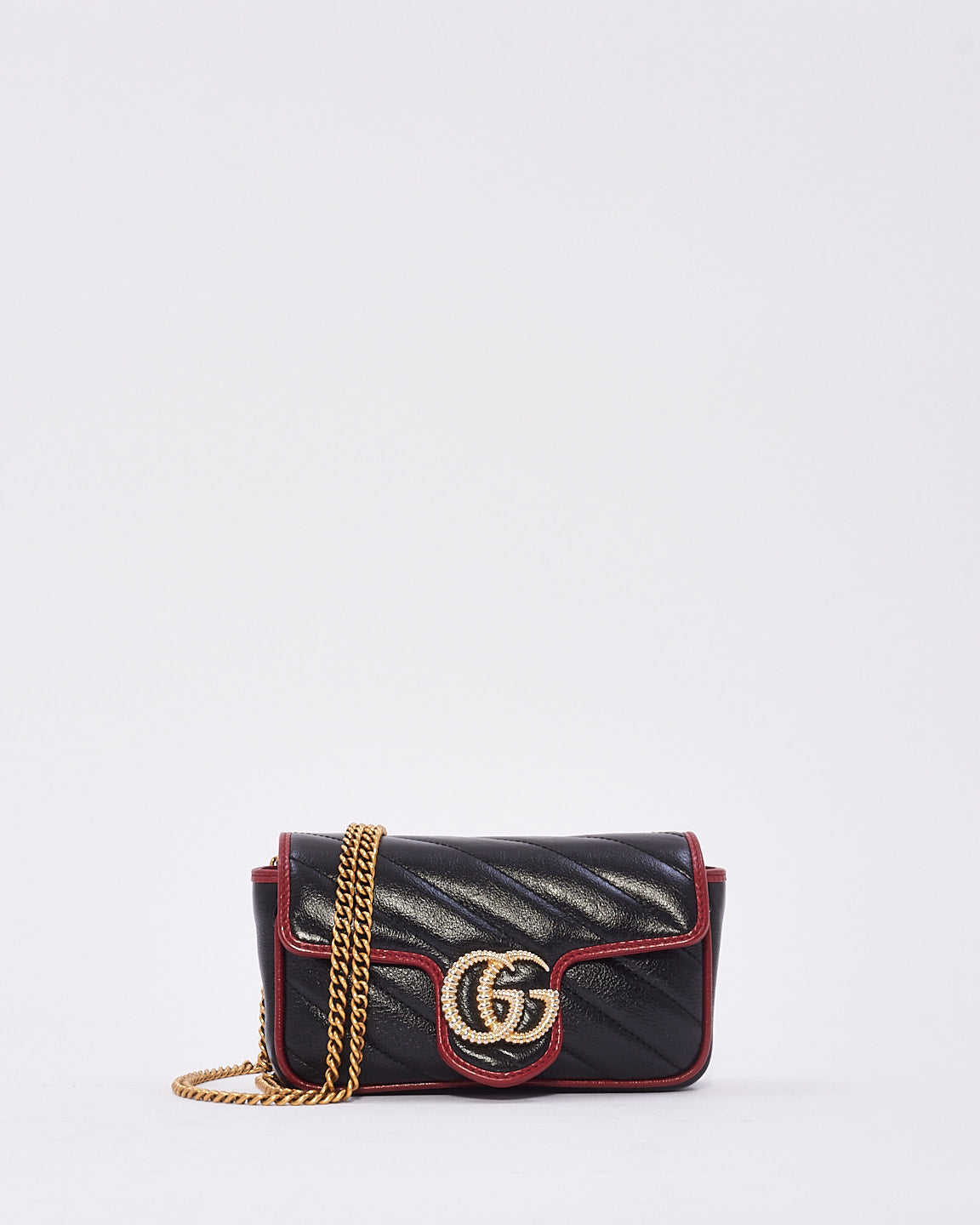 Gucci Black/Red Matelassé Diagonal Leather Torchon GG Marmont Super Mini Bag