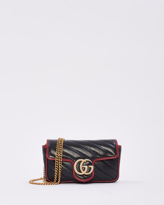 Gucci Black/Red Matelassé Diagonal Leather Torchon GG Marmont Super Mini Bag