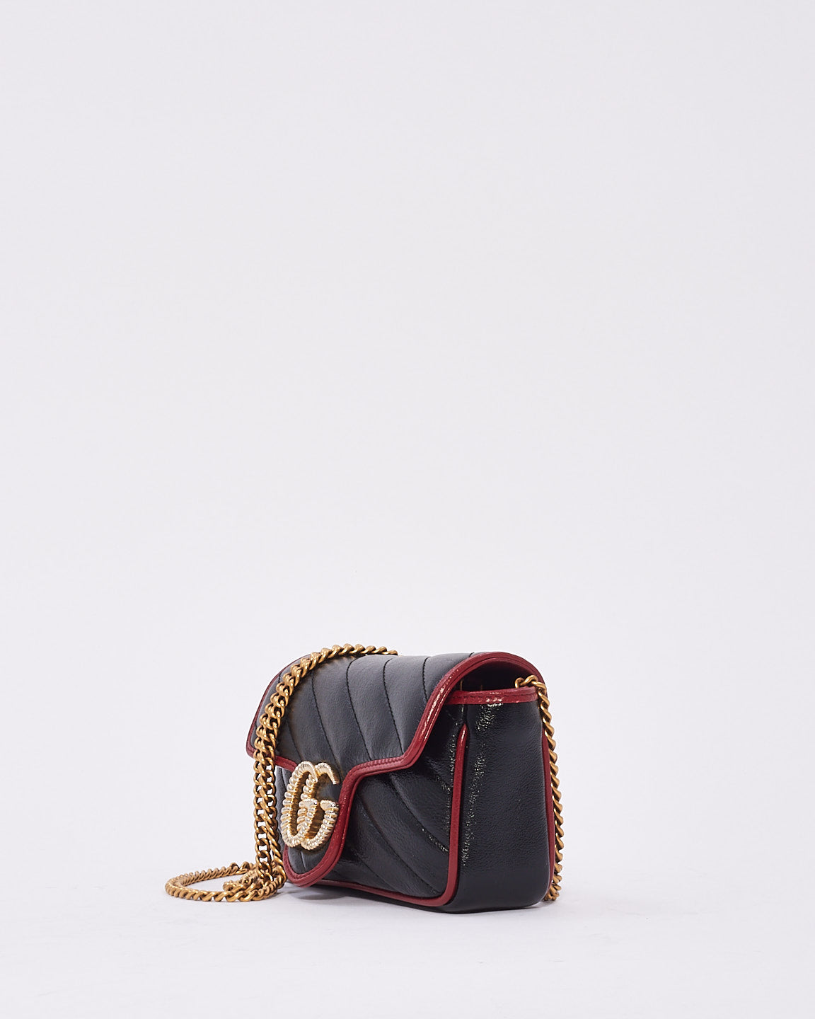 Gucci Black/Red Matelassé Diagonal Leather Torchon GG Marmont Super Mini Bag