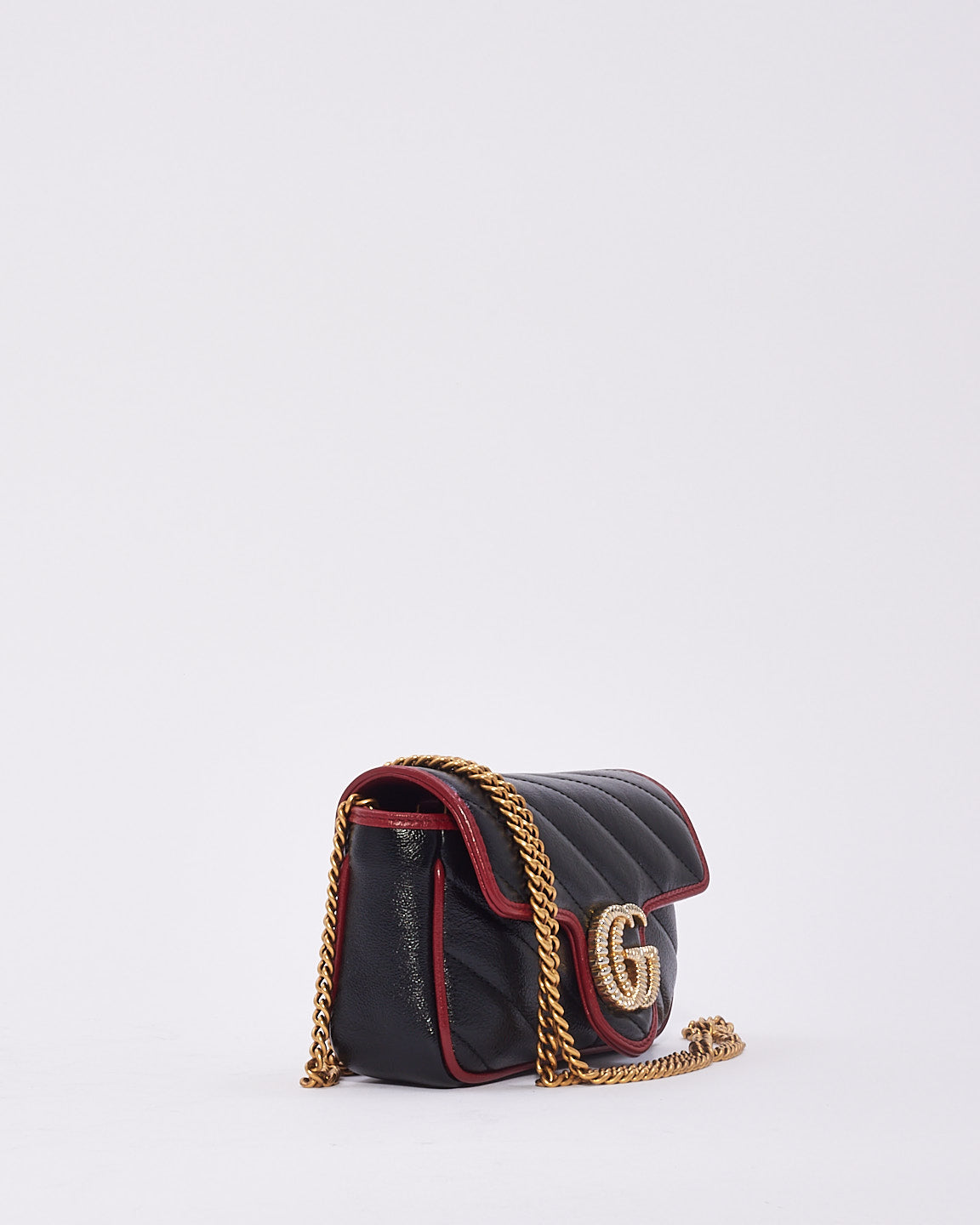 Gucci Black/Red Matelassé Diagonal Leather Torchon GG Marmont Super Mini Bag