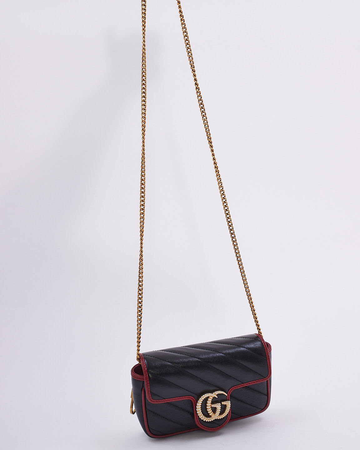 Gucci Black/Red Matelassé Diagonal Leather Torchon GG Marmont Super Mini Bag