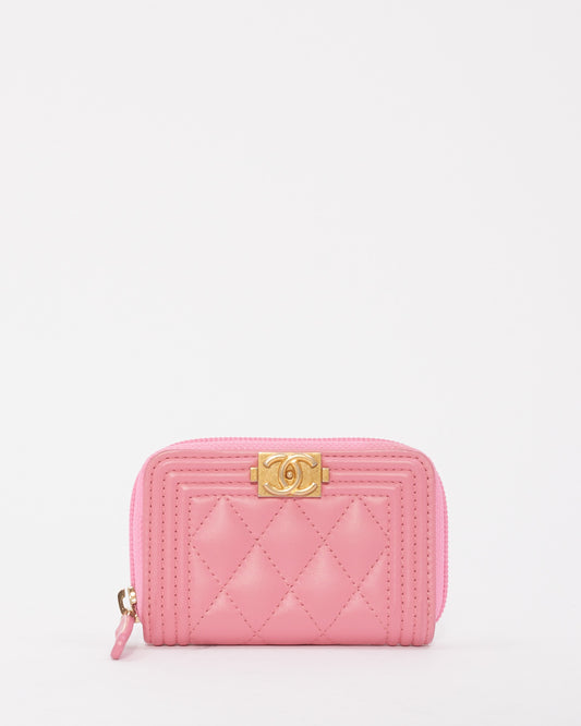 Chanel Pink Leather Boy Zip Around Coin Purse Wallet