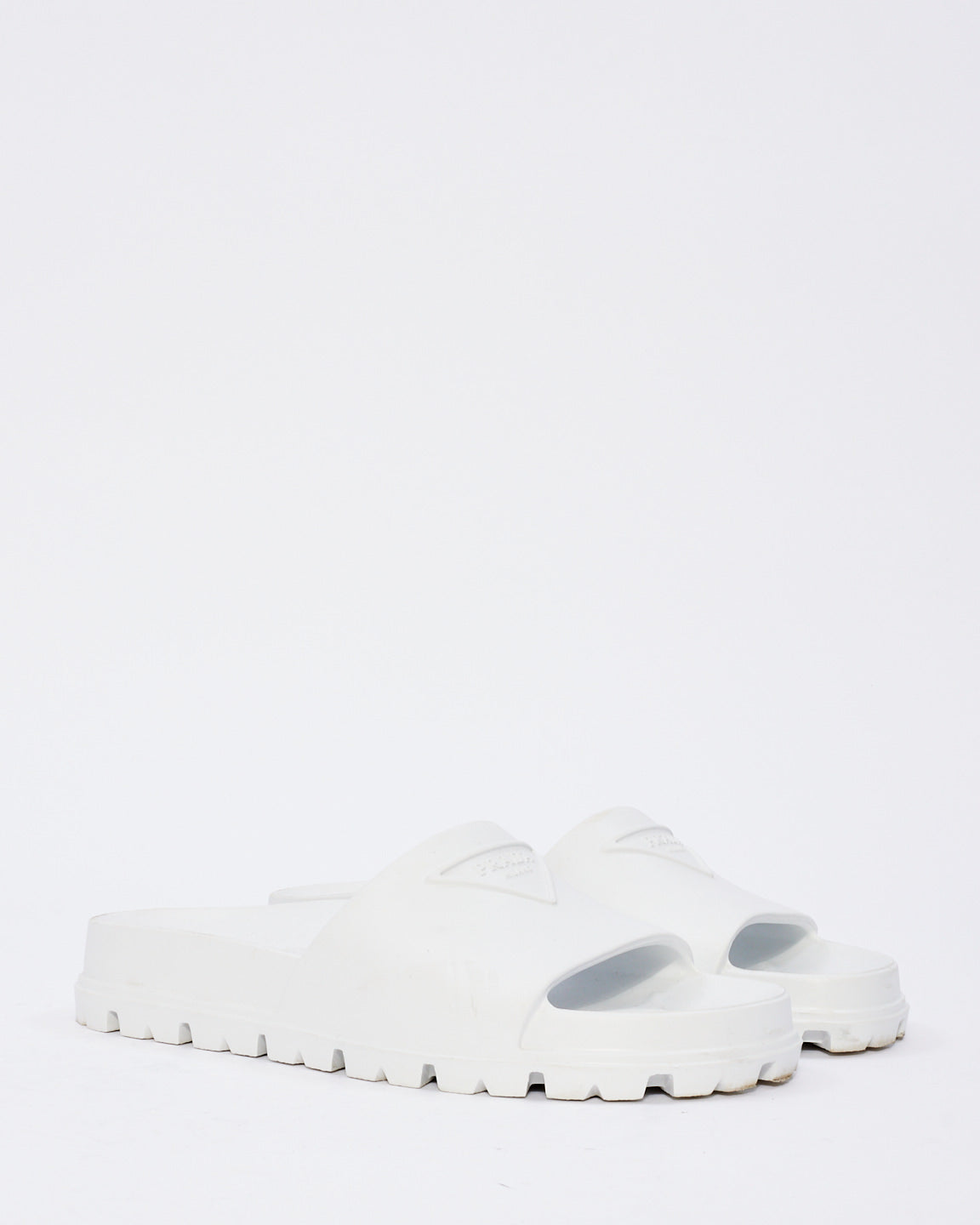 Prada White Rubber Triangle Logo Embossed Lug Sole Slides  - 38