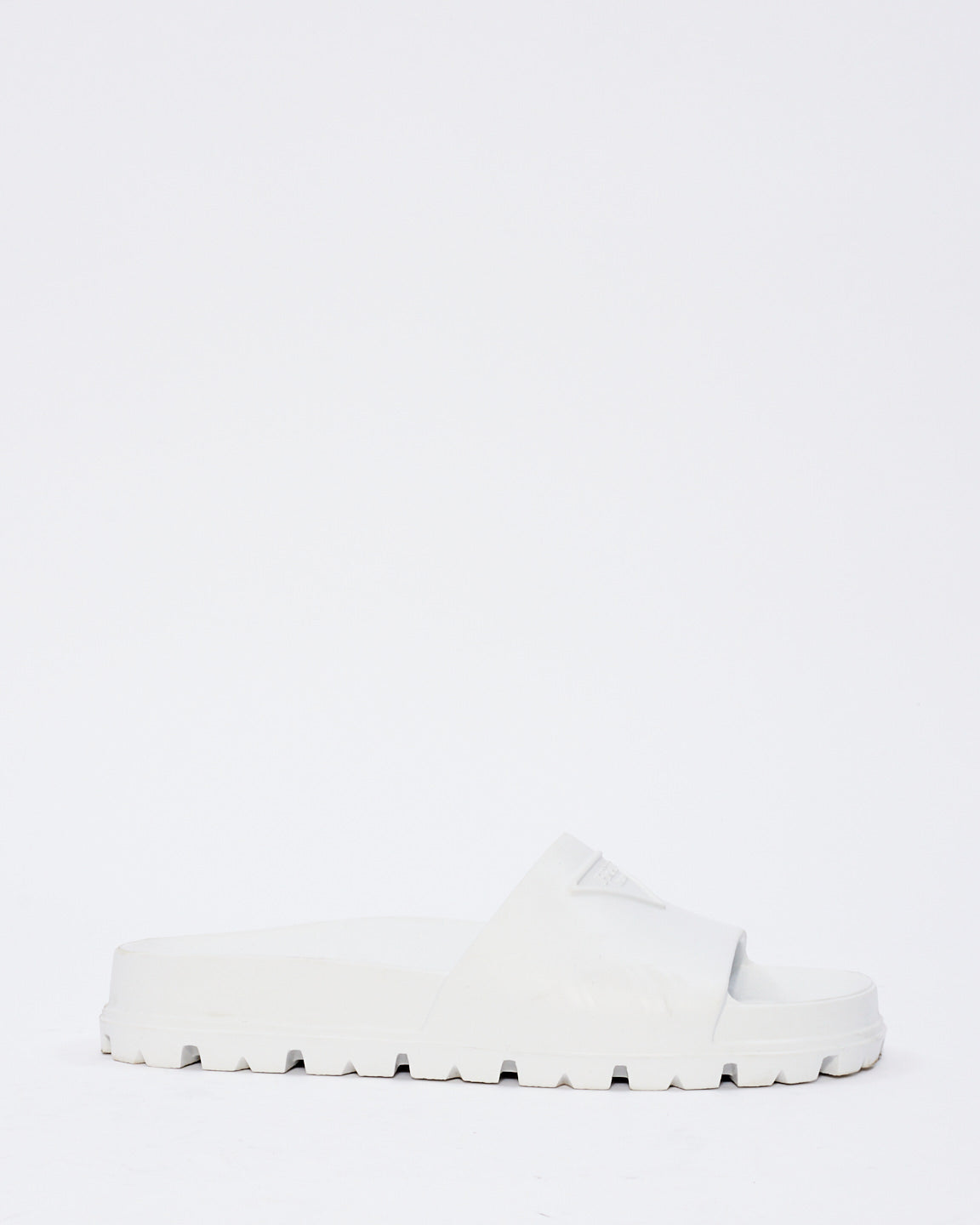 Prada White Rubber Triangle Logo Embossed Lug Sole Slides  - 38