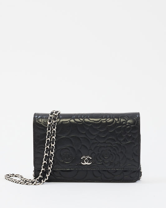 Chanel Black Leather Camellia Embossed Wallet On Chain