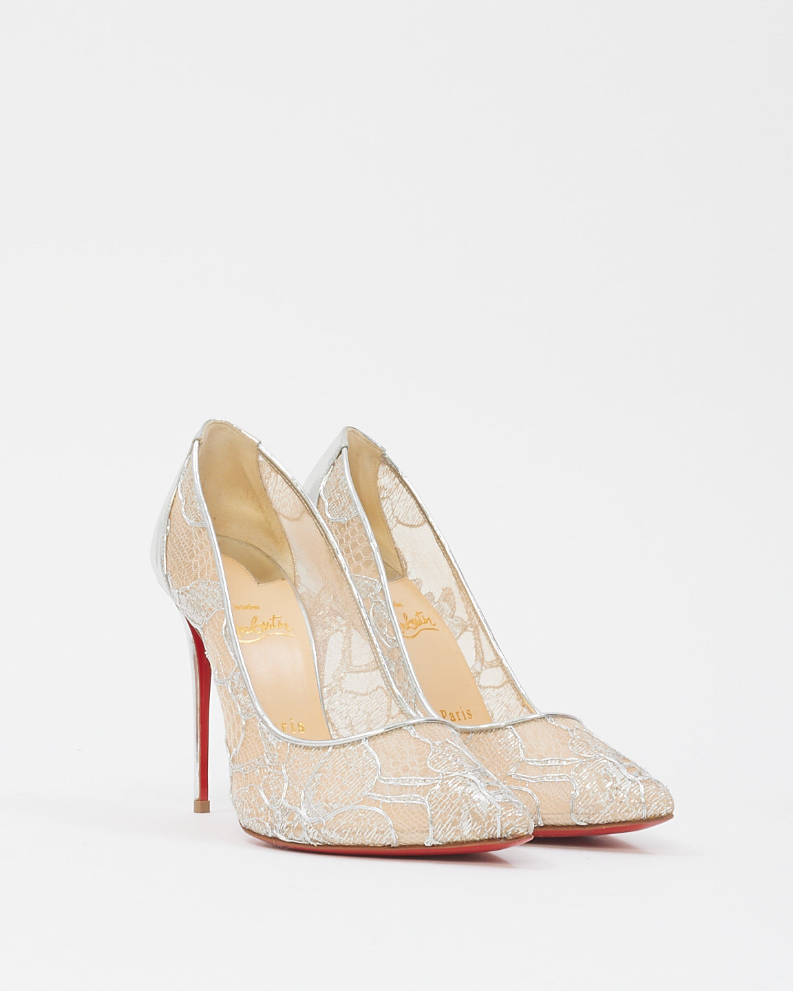 Christian Louboutin Silver Lace Follies 100mm Pumps - 38