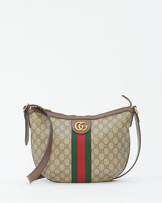 Gucci Brown Soft GG Supreme Canvas Small Ophidia Web Half-moon Crossbody Bag