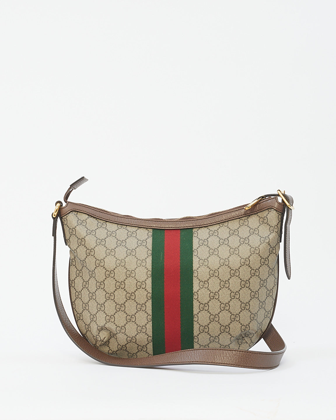 Gucci Brown Soft GG Supreme Canvas Small Ophidia Web Half-moon Crossbody Bag