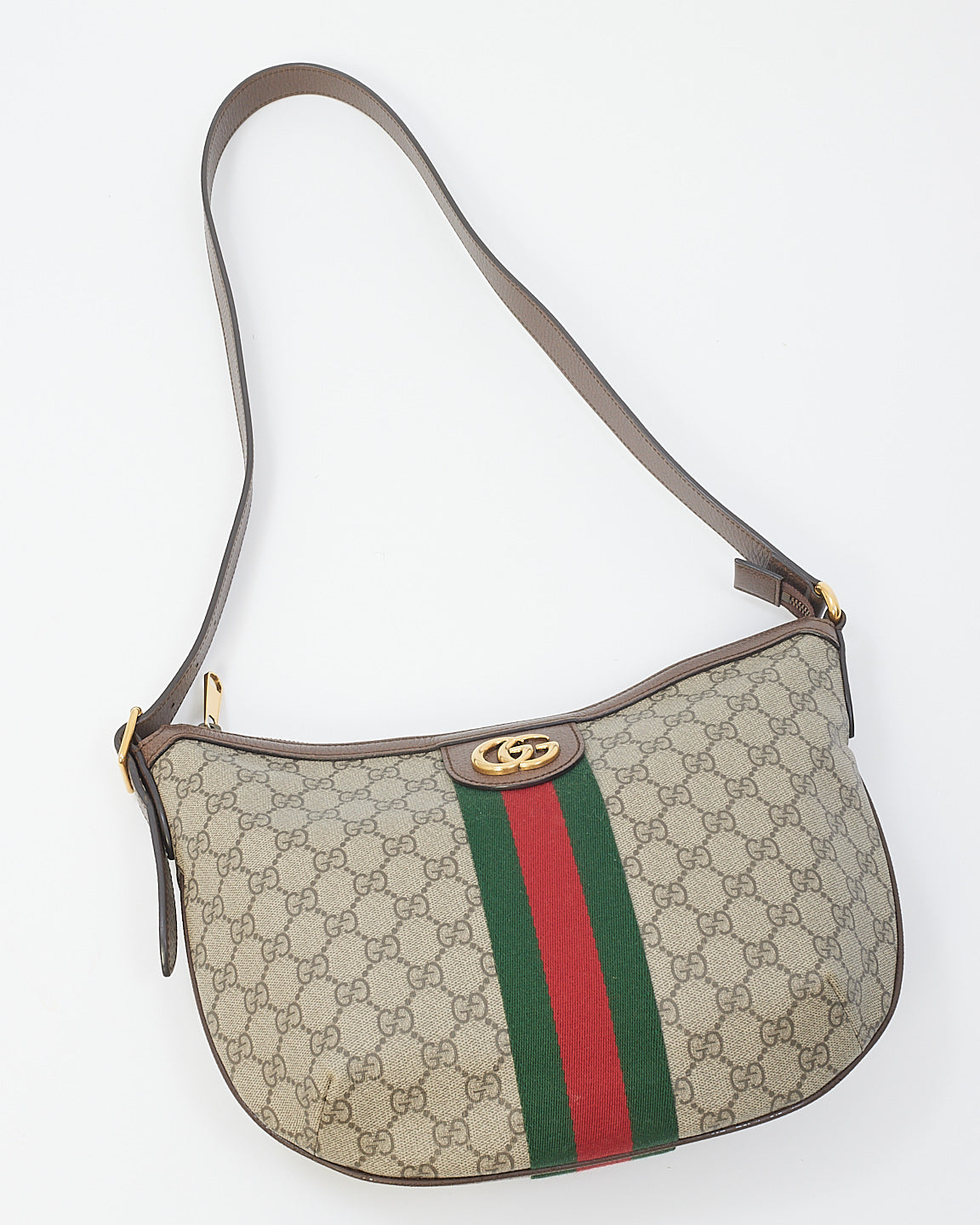 Gucci Brown Soft GG Supreme Canvas Small Ophidia Web Half-moon Crossbody Bag