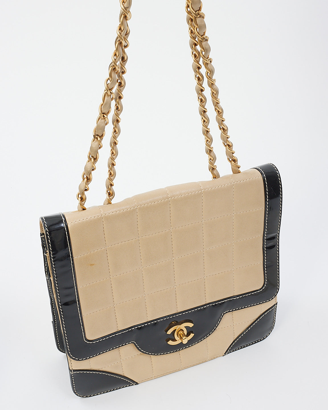 Chanel Vintage Beige & Black Leather Chocolate Bar Flap Shoulder Bag