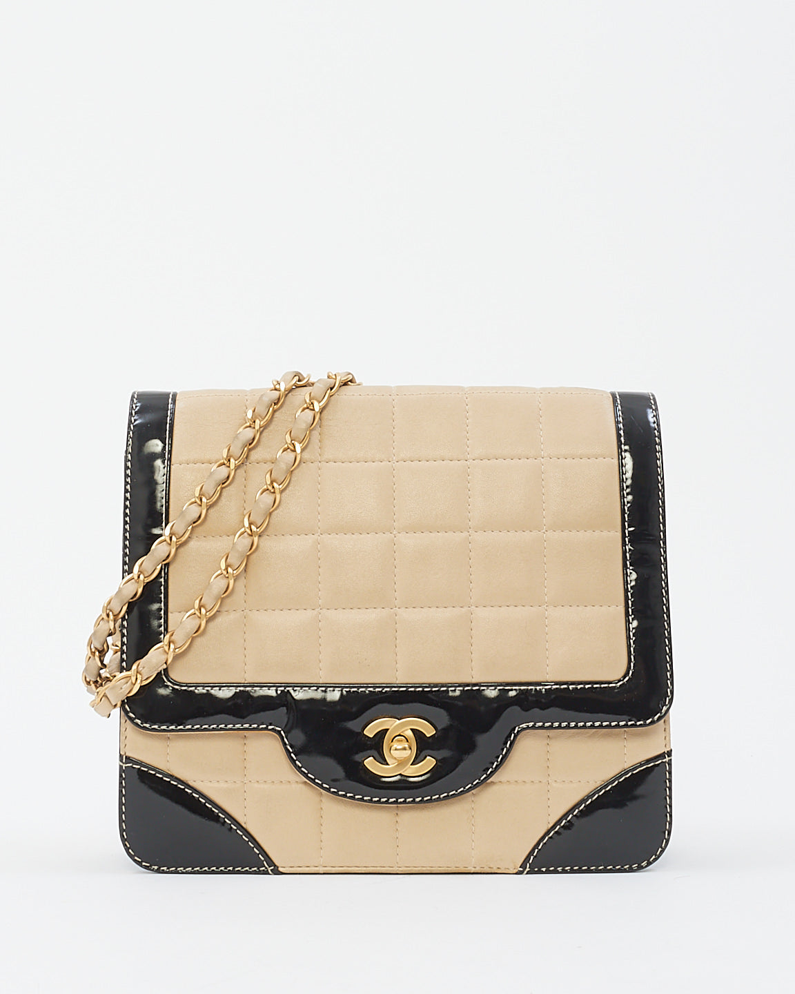 Chanel Vintage Beige & Black Leather Chocolate Bar Flap Shoulder Bag