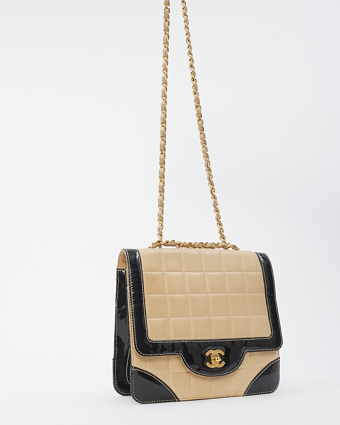 Chanel Vintage Beige & Black Leather Chocolate Bar Flap Shoulder Bag