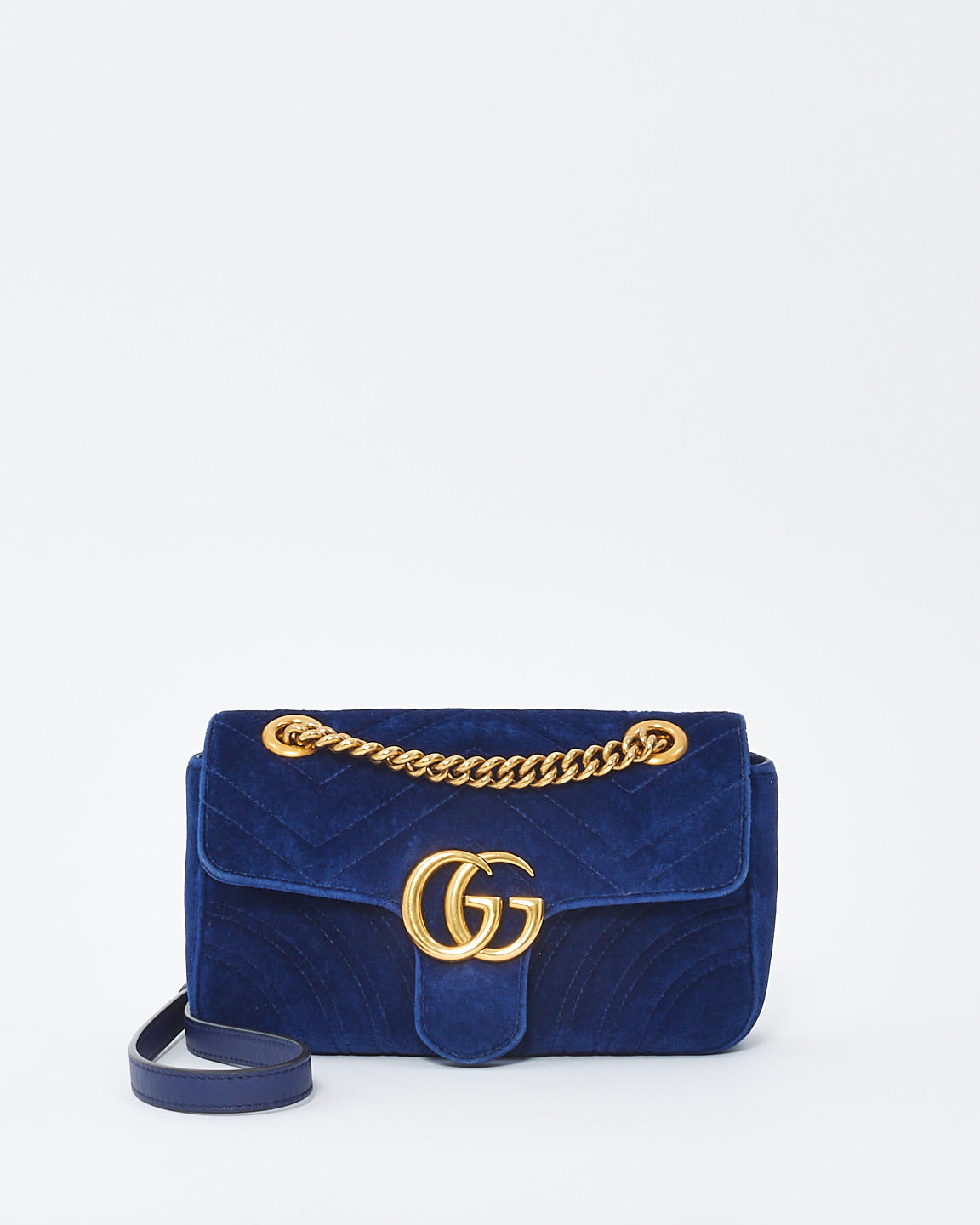 Gucci Blue Matelassé Velvet Mini GG Marmont Shoulder Bag