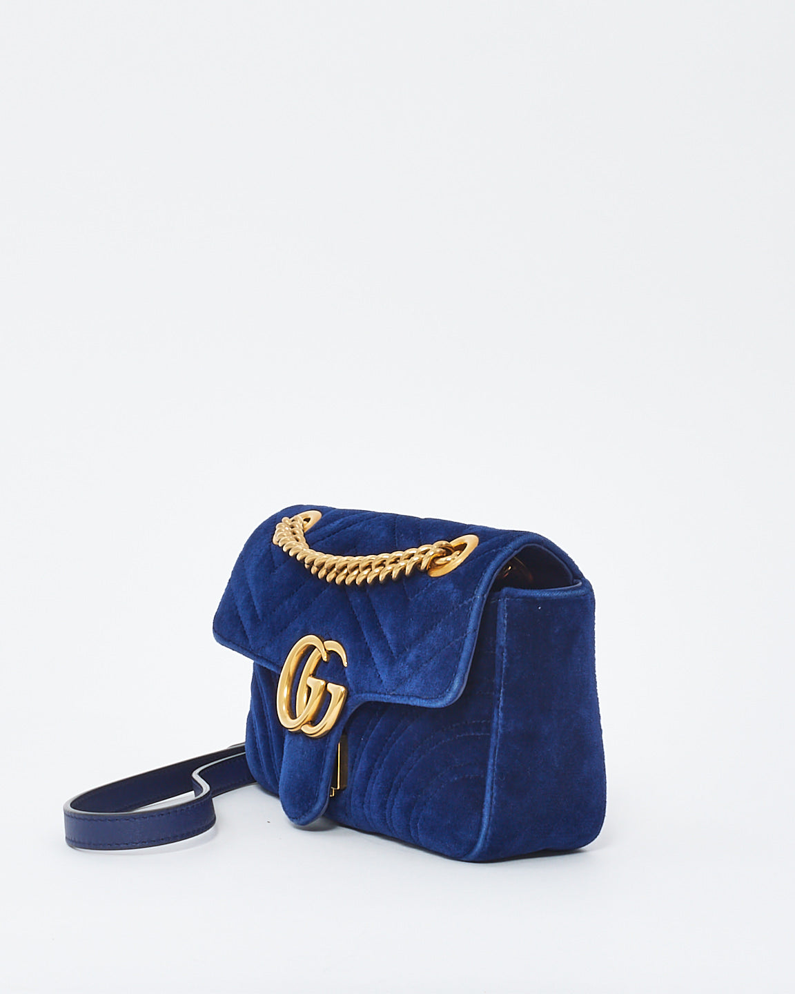 Gucci Blue Matelassé Velvet Mini GG Marmont Shoulder Bag