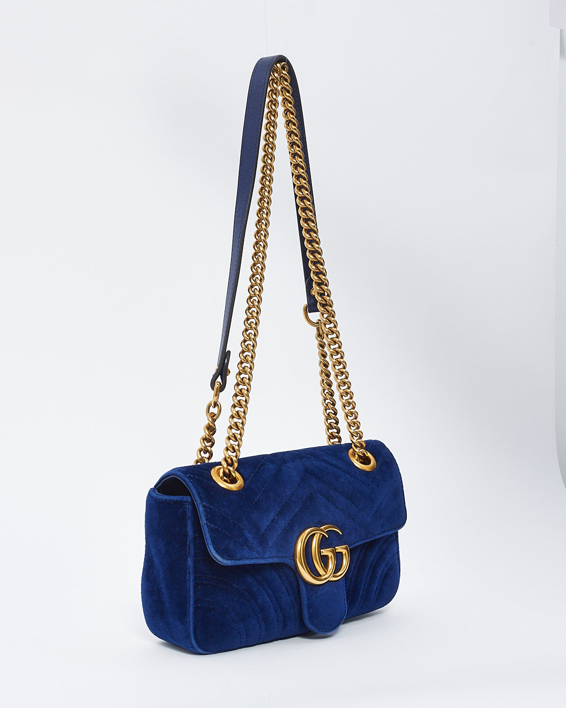 Gucci Blue Matelassé Velvet Mini GG Marmont Shoulder Bag