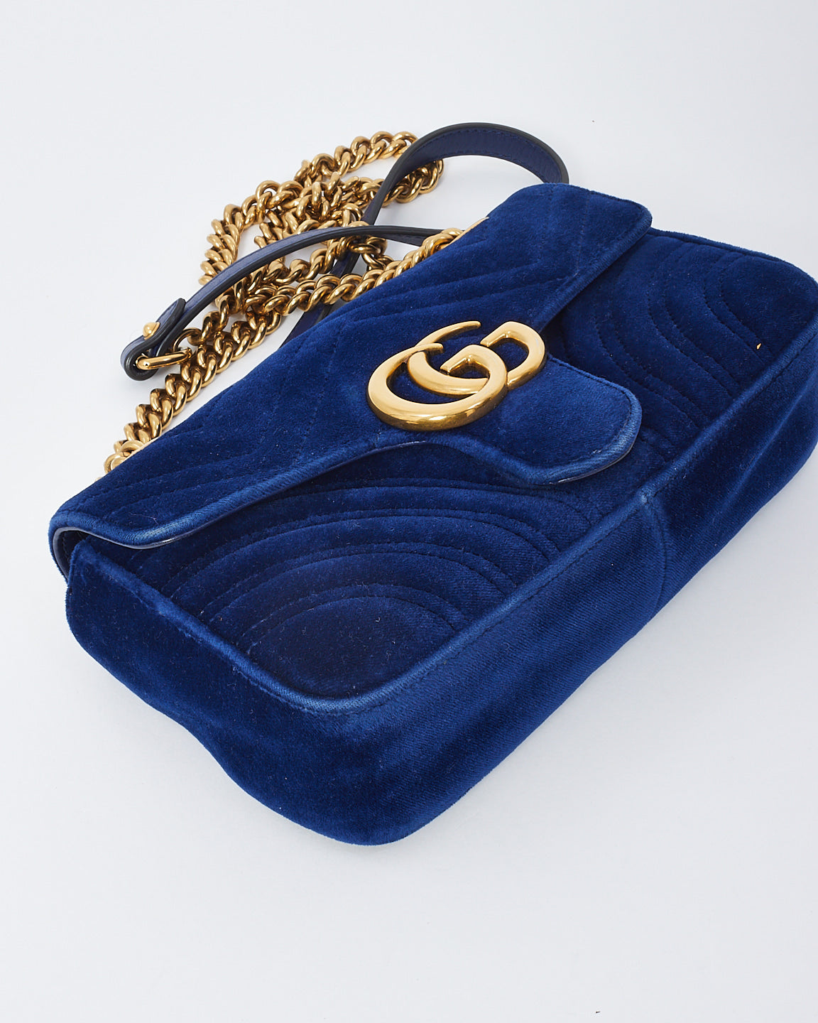 Gucci Blue Matelassé Velvet Mini GG Marmont Shoulder Bag