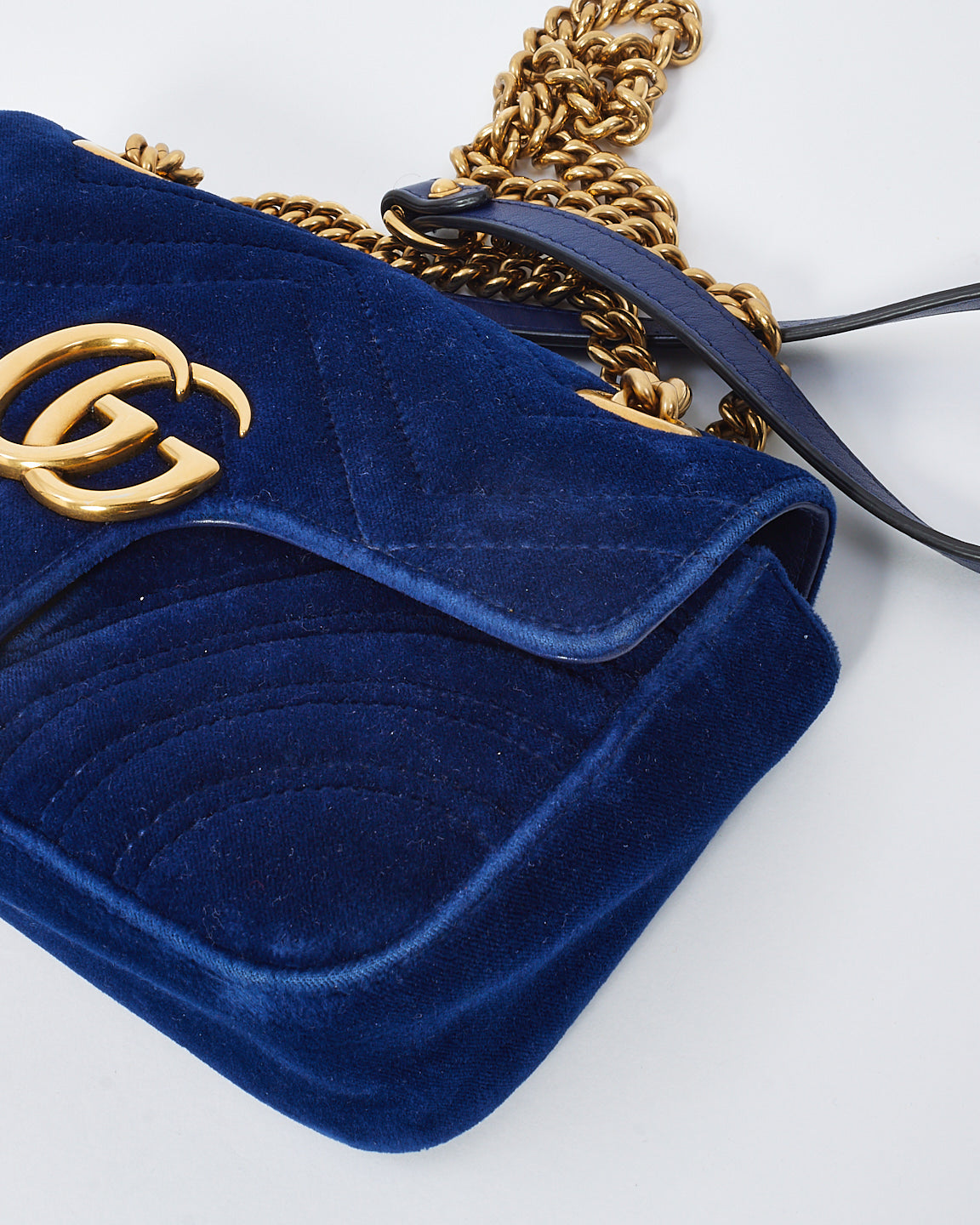 Gucci Blue Matelassé Velvet Mini GG Marmont Shoulder Bag