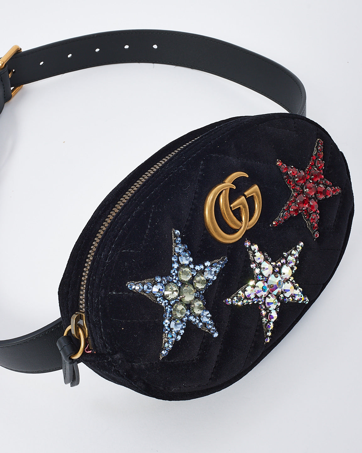 Gucci Black Velvet Matelasse Crystal Star GG Marmont Belt Bag