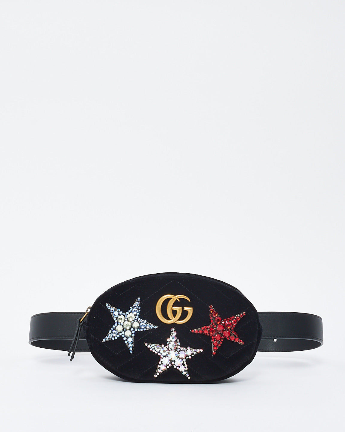 Gucci Black Velvet Matelasse Crystal Star GG Marmont Belt Bag