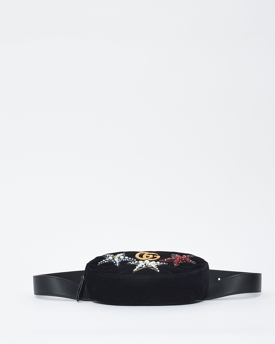 Gucci Black Velvet Matelasse Crystal Star GG Marmont Belt Bag