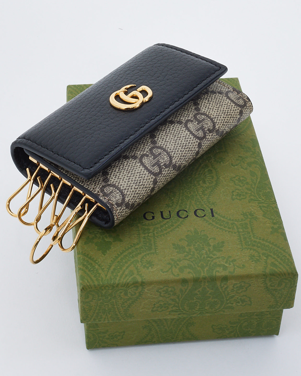 Gucci Black Leather & GG Monogram Canvas 6 Key Holder