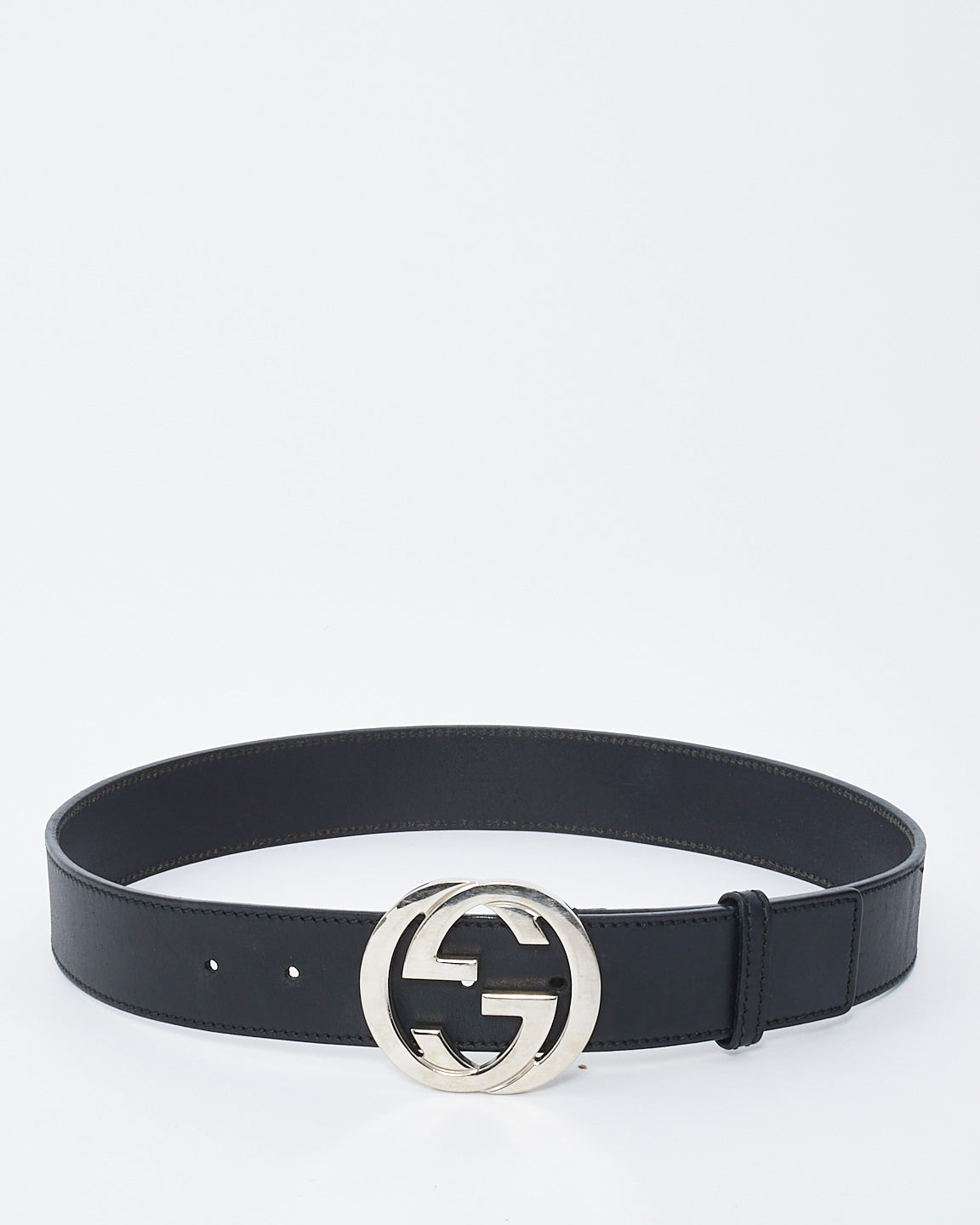 Gucci Black Leather Belt with Silver Interlocking GG Buckle - 80/32