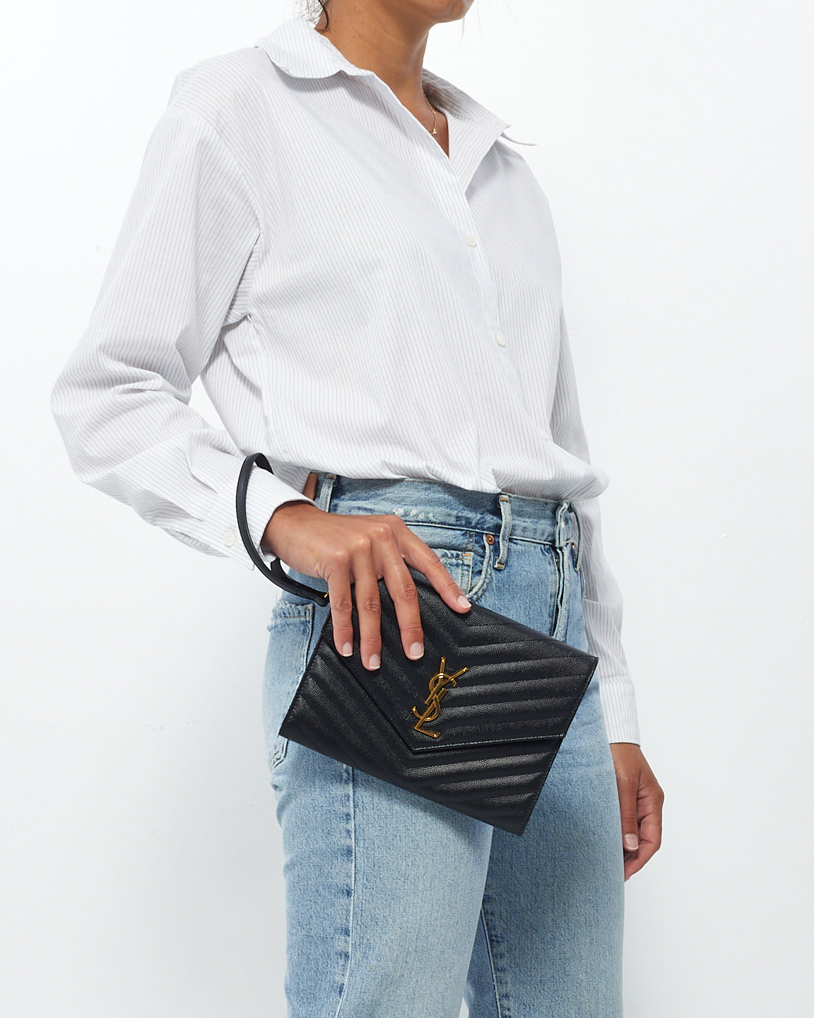 Saint Laurent Black Grained Leather Matlassé Wristlet Cassandra Clutch