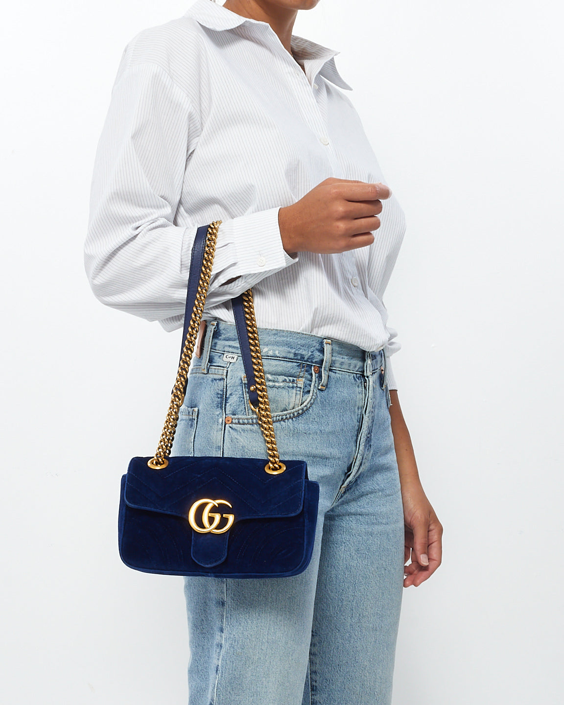 Gucci Blue Matelassé Velvet Mini GG Marmont Shoulder Bag